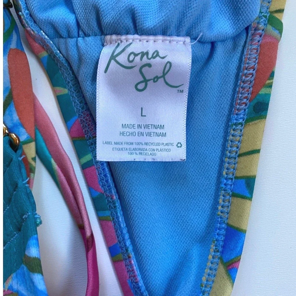 Kona Sol Womens Tropical Leaf Bikini Set Blue Pink Tie Front Top L‎ Bottom M